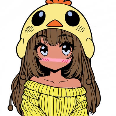 anime girl with chick shaped hat with sweater with bare shoulders with bangs covering them one eye with low tail