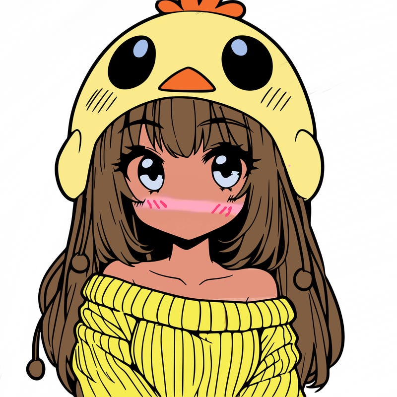 anime girl with chick shaped hat with sweater with bare shoulders with bangs covering them one eye with low tail