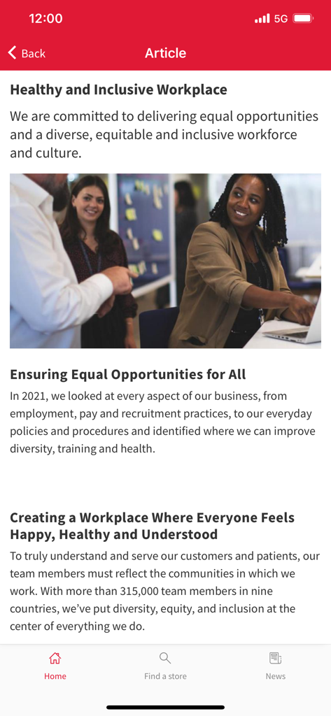 W Connect By Walgreens - A screenshot of an article in the W Connect app titled Healthy and Inclusive Workplace featuring an image of diverse colleagues in an office setting.