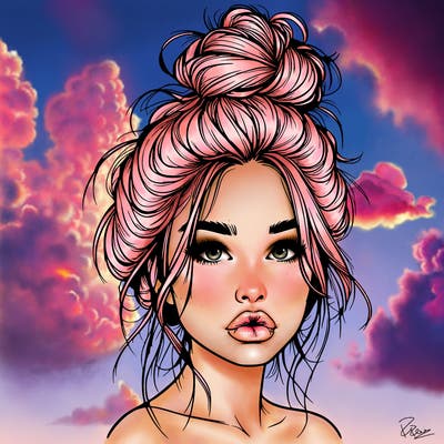 realistic girl with a messy bun and she has lips
