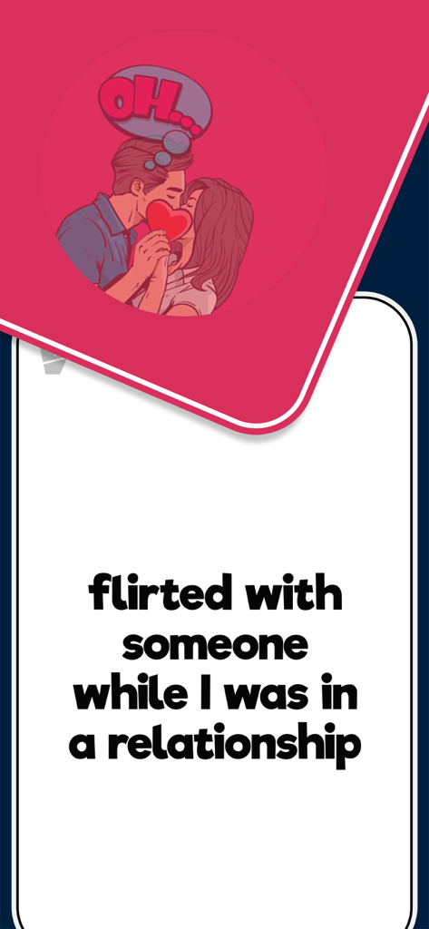 I Have Never: Party Game - Carta del gioco I Have Never che chiede di flirtare in una relazione