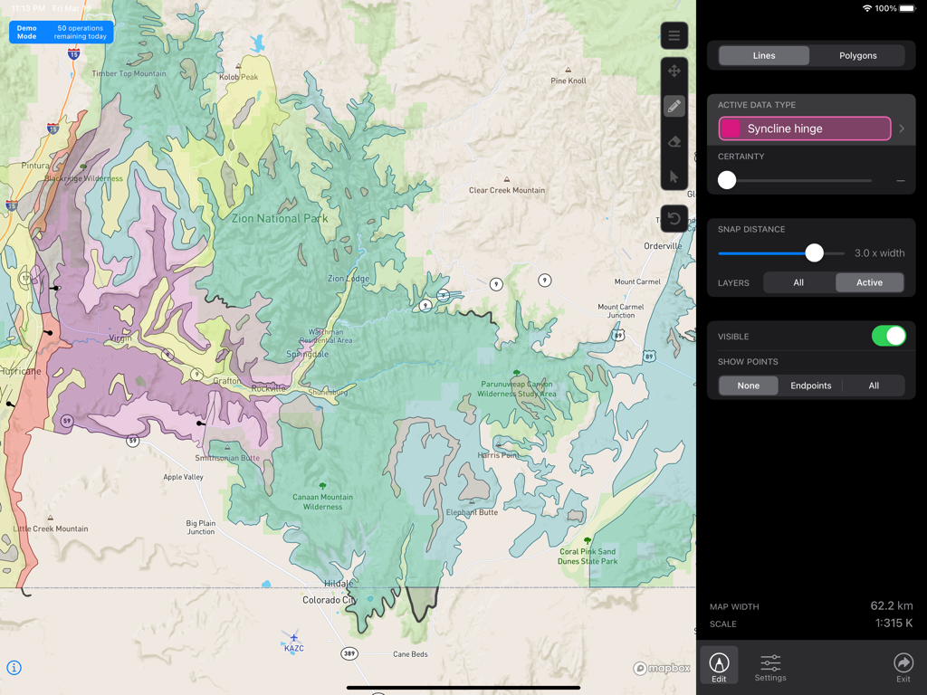 Mapboard GIS - iPad interface of Mapboard GIS app showing a geological map of Zion National Park with colored layers and line editing tools