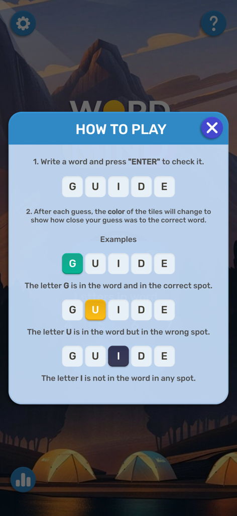 Word Mind game tutorial screen showing word puzzle instructions
