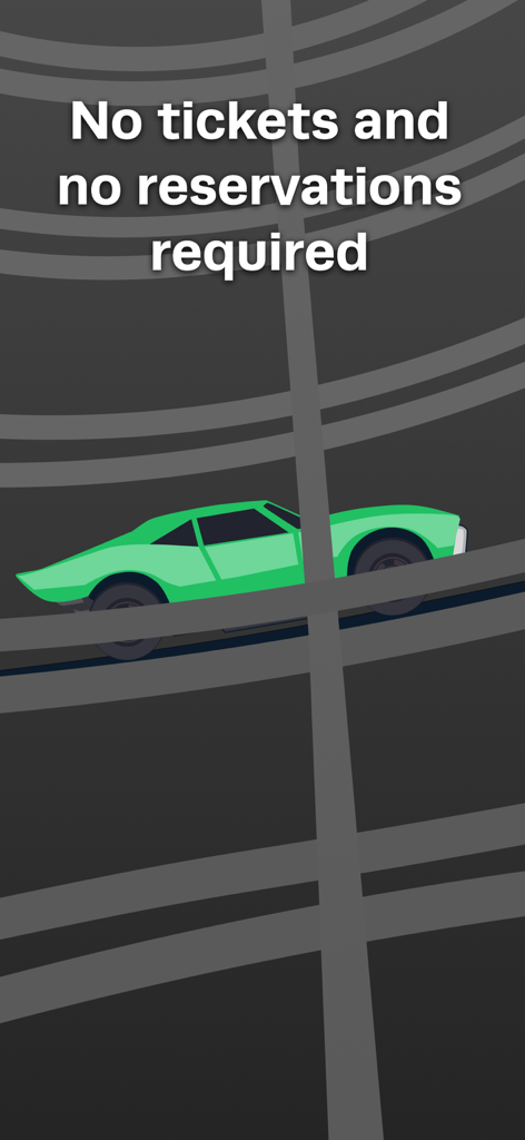 Stylized illustration of a car in a garage with text stating no tickets and no reservations required