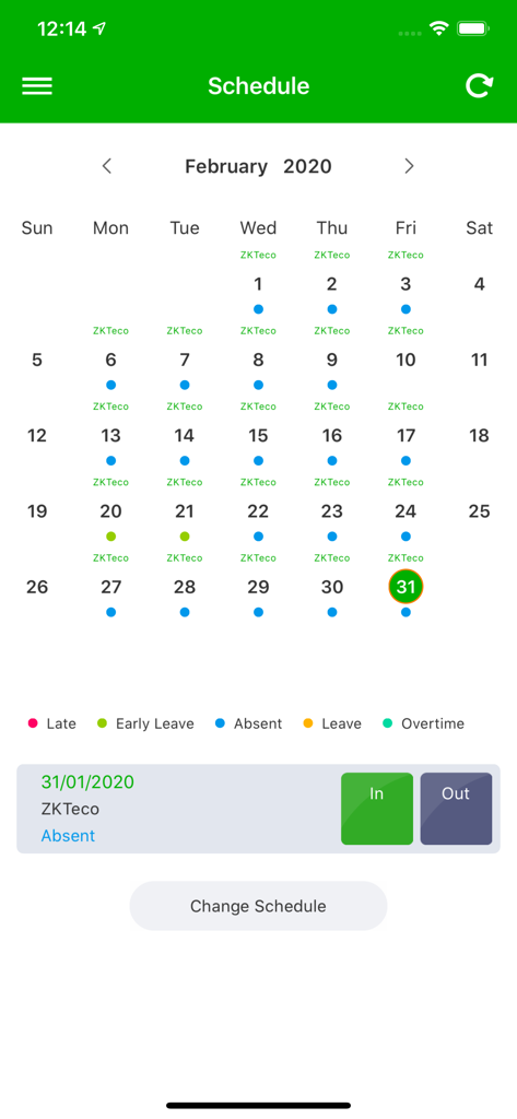ZKBioTime schedule screen displaying a monthly attendance calendar with status markers