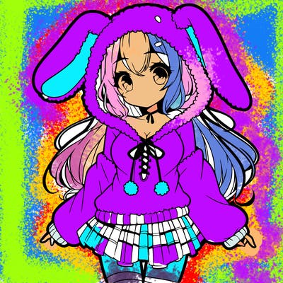 pretty anime girl wearing a fluffy hoodie with bunny ears on the hood and a skirt