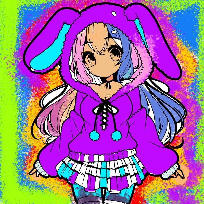 pretty anime girl wearing a fluffy hoodie with bunny ears on the hood and a skirt
