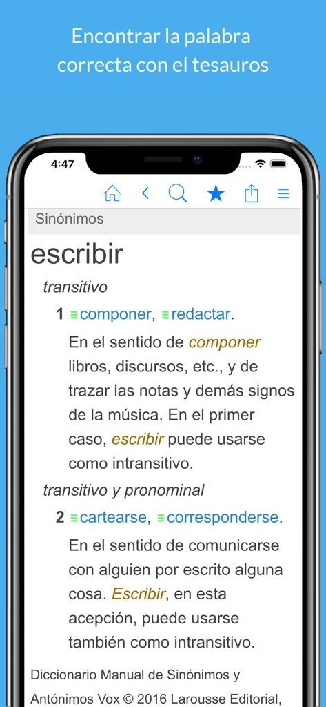 Diccionario español. - Spanish dictionary app showing thesaurus synonyms for the word escribir