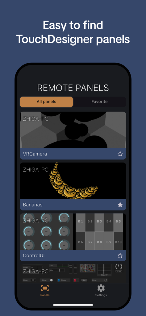 Remote Tools for TouchDesigner - Interface of the Remote Tools app showing a list of available TouchDesigner panels