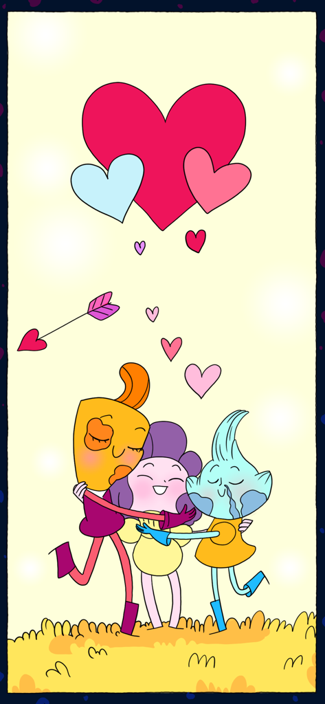 Three colorful indie game characters hugging beneath floating hearts
