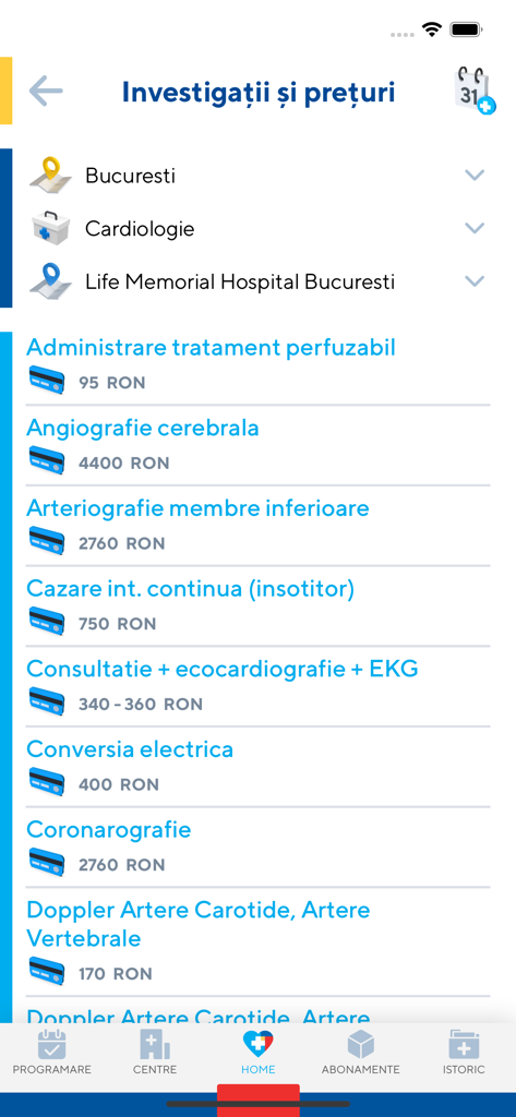 MedLife - MedLife mobile app screen displaying a list of medical procedures and their prices in the cardiology department in Bucharest.