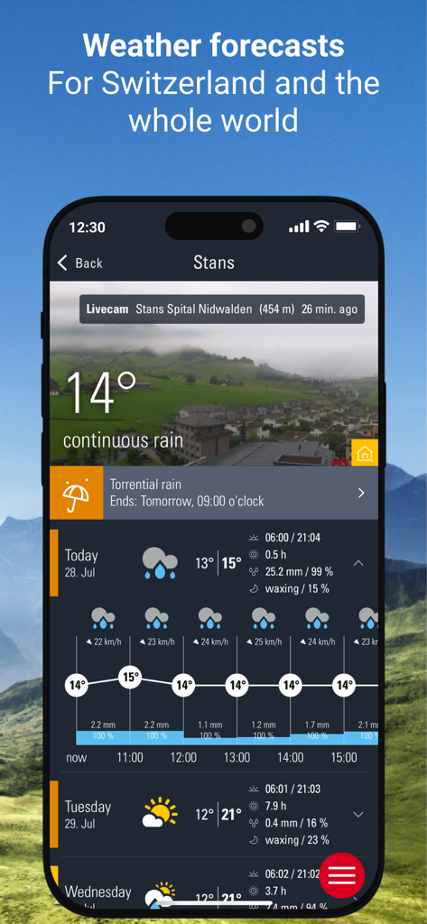 Weather Alarm: Switzerland - Interfaz de la aplicación Weather Alarm Switzerland mostrando un pronóstico detallado de lluvia para Stans con vista de cámara en vivo