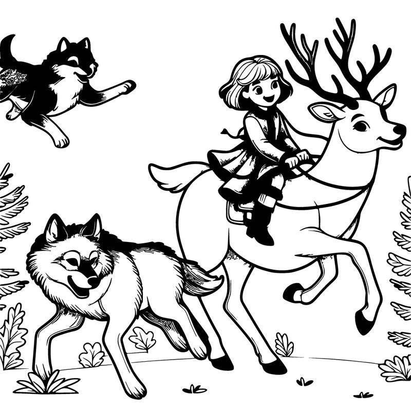a realistic girl riding on the back of a deer and their being chased by wolves