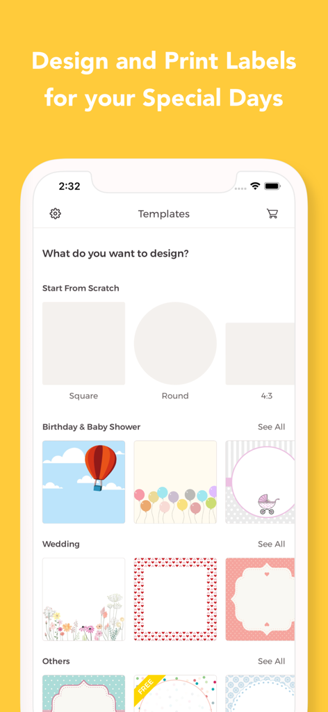 Benutzeroberfläche der Labelr-App mit einer Vielzahl von Etiketten- und Aufklebervorlagen für Geburtstage, Hochzeiten und mehr