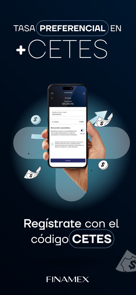 A hand holding a smartphone displaying the Finamex app interface for investing in CETES with preferential rates
