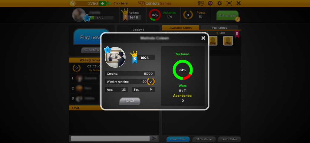 A player profile window in the Canasta app displaying rank credits and victory statistics