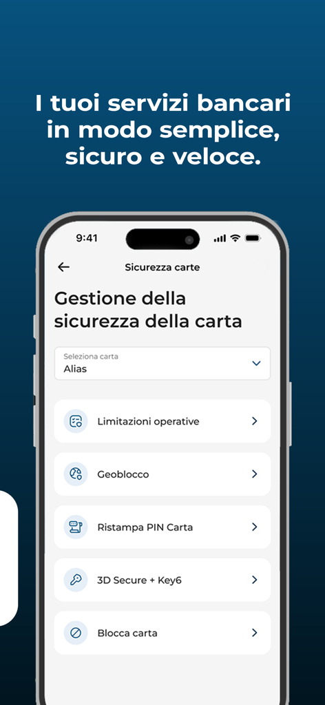 SCRIGNObps app interface showing card security options including geoblocking and card blocking