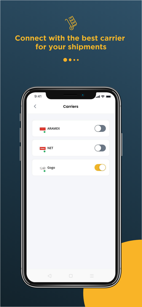 iCARRY - Smartphone screen showing the iCARRY app carrier management page with options to toggle services like Aramex and Gogo
