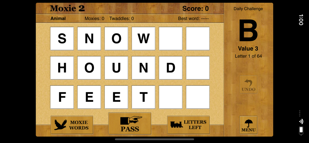 Moxie 2 - Gameplay screen of Moxie 2 showing a grid of letter tiles on a wood background with the words snow hound and feet