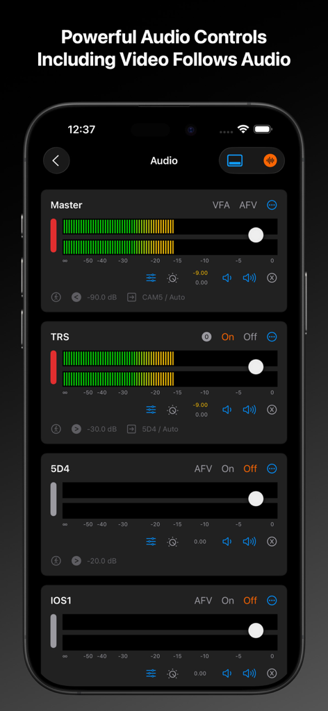 MixEffect app interface showing professional audio control panels for ATEM switchers on an iPhone