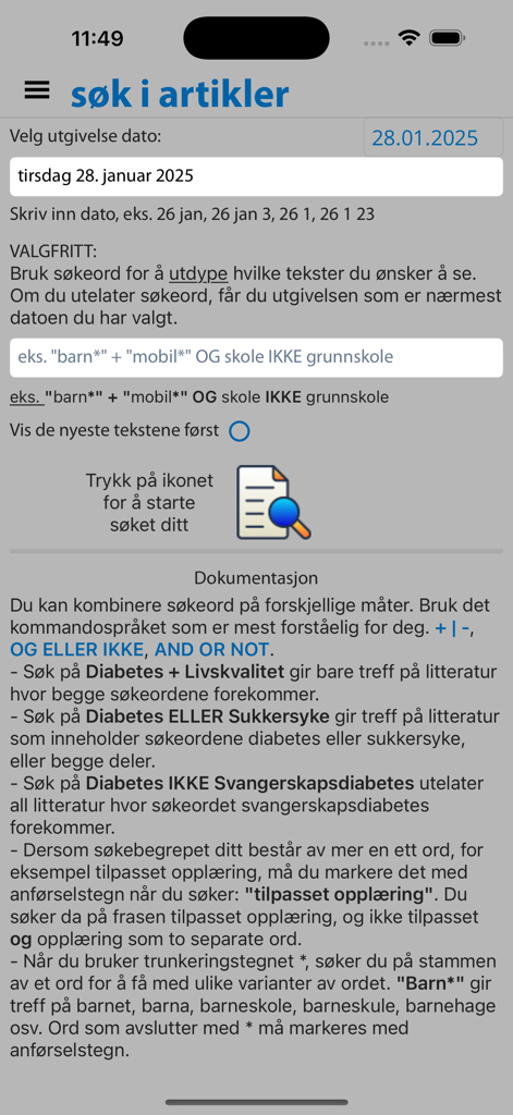 Search interface of the HBlad mobile app for finding news articles by date and keyword