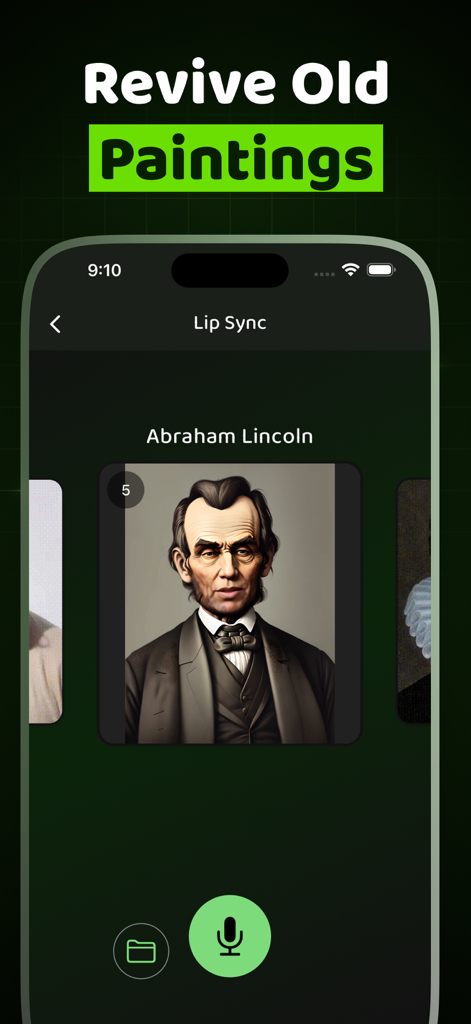 Damble app screen showing AI lip sync feature to revive an old portrait of Abraham Lincoln
