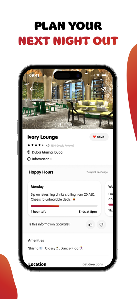 Hoppy: Spend Less, Do More. - Hoppy-App-Bildschirm mit Happy-Hour-Angeboten und Lounge-Annehmlichkeiten für die Ivory Lounge im Dubai Marina.