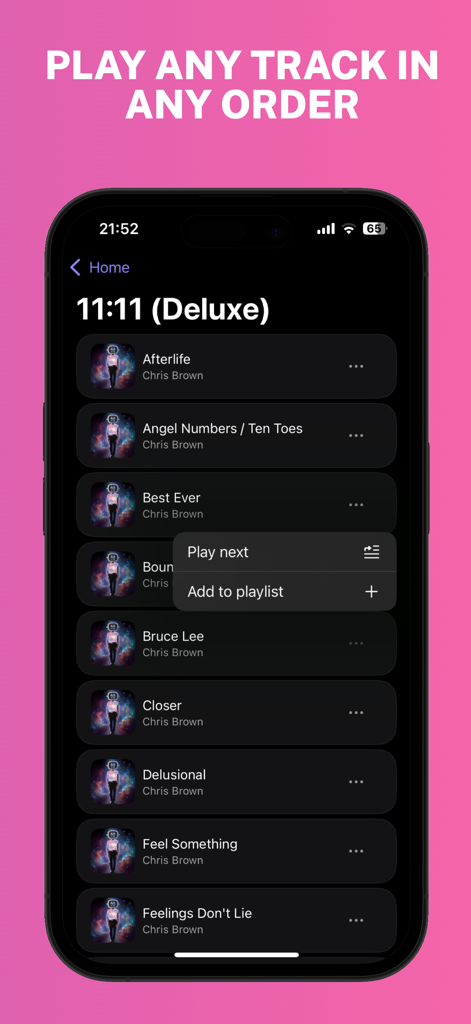 Musiq: Offline Music Player - Interface of Musiq offline music player showing a track list and playlist management options on an iPhone