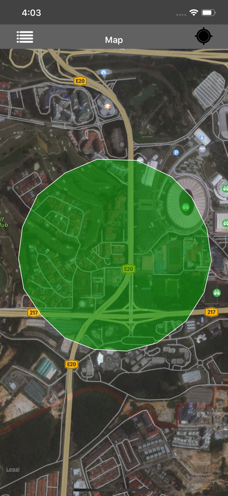 Vue de carte satellite avec une superposition de polygone vert dans l'application de visualisation KML et KMZ.