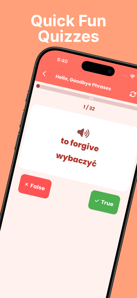 Learn Polish For Beginners - A vocabulary quiz interface in the Learn Polish For Beginners app showing the translation of the phrase to forgive with true and false buttons.