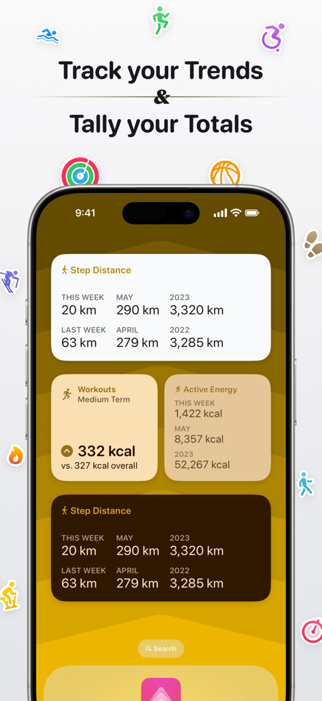 Peak: Health & Fitness Widgets - iPhone displaying Peak health widgets for tracking weekly and monthly fitness trends and totals
