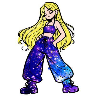 girl in baggy pants crop top and long hair