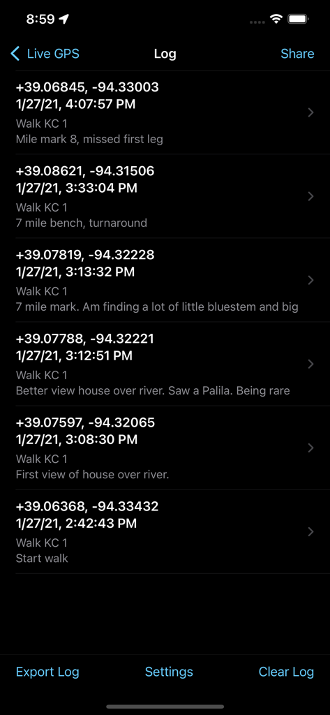 Log GPS - Eine Liste gespeicherter GPS-Koordinaten und Feldbemerkungen in der Log GPS App-Oberfläche.