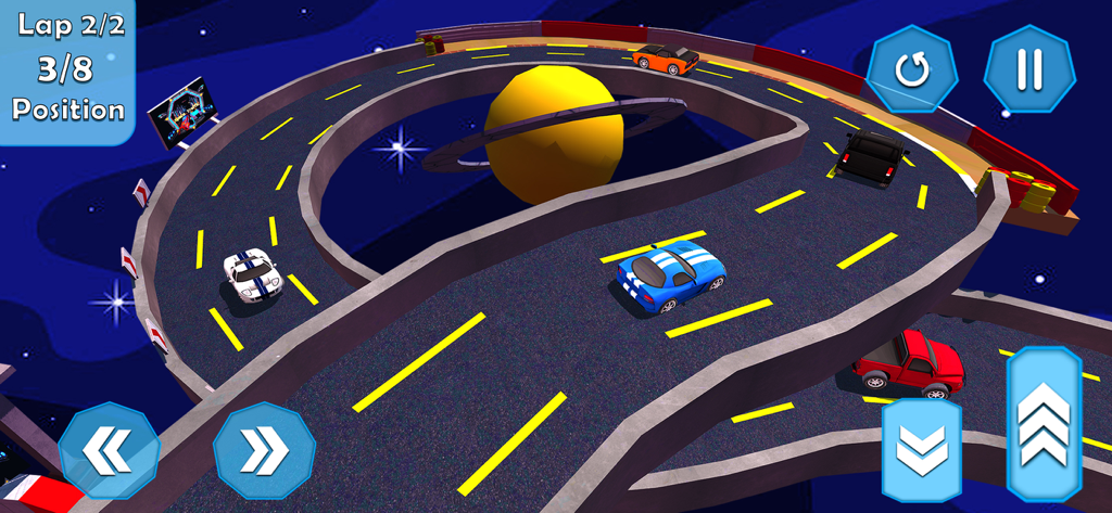 Car Racing: Car Stunt Game - Mini cars racing on a 3D elevated track in a space themed environment