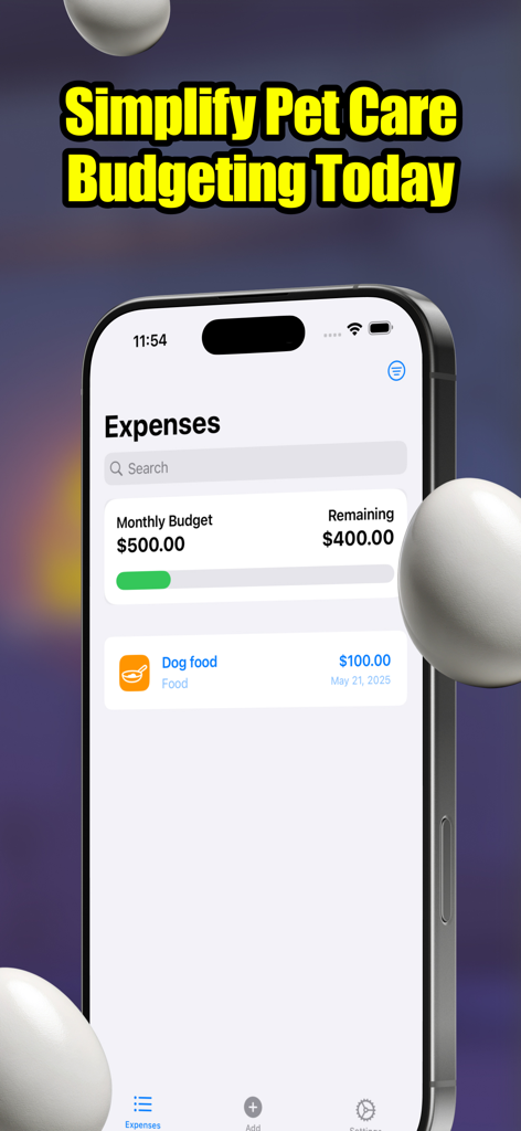 PetPlanr iOS app screen showing monthly budget and dog food expense tracking