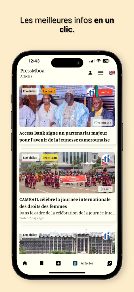 PressMboa mobile app interface displaying a news feed with articles about Cameroon
