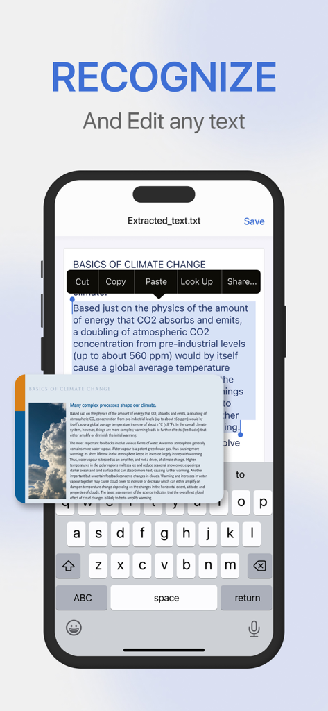 PDF Editor・PDF File Converter - PDFエディターアプリでスキャンしたドキュメントのOCRテキスト認識と編集を示すiPhoneインターフェイス
