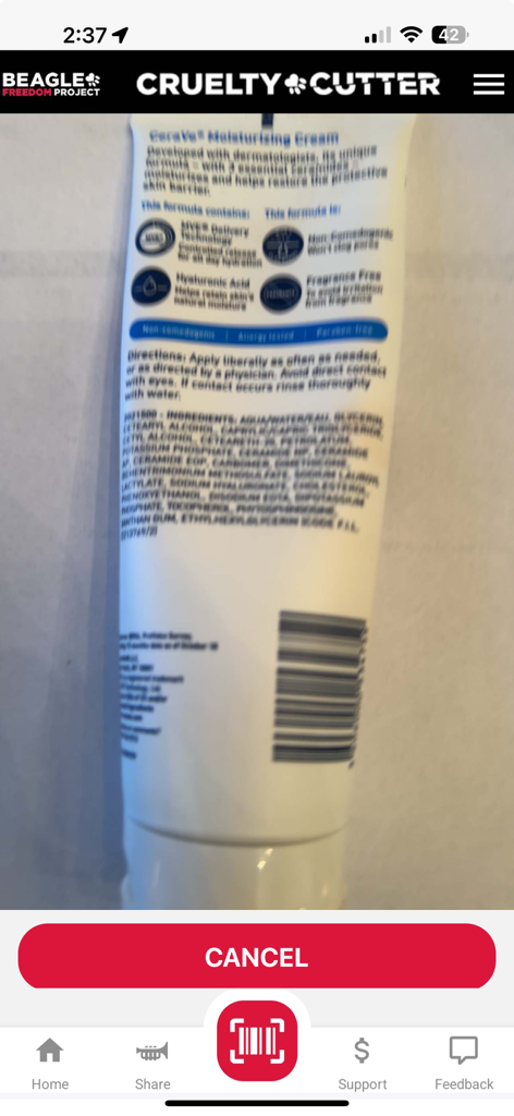 Cruelty Cutter - Cruelty Cutter app interface scanning a product barcode to check for animal testing