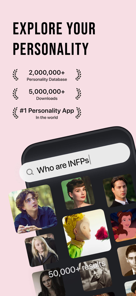 Pdb App: Personality & Friends - Une capture d'écran de l'interface de l'application Pdb montrant une recherche de personnages INFP parmi une galerie de célébrités célèbres et de personnages de fiction