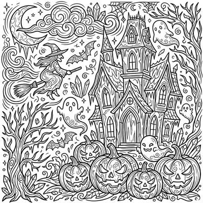 Embark on a thrilling coloring journey into a classic Halloween night, featuring a majestic haunted house, a flying witch, and ghostly companions. This intricate design is perfect for enthusiasts seeking a challenge and a touch of spooky fun.