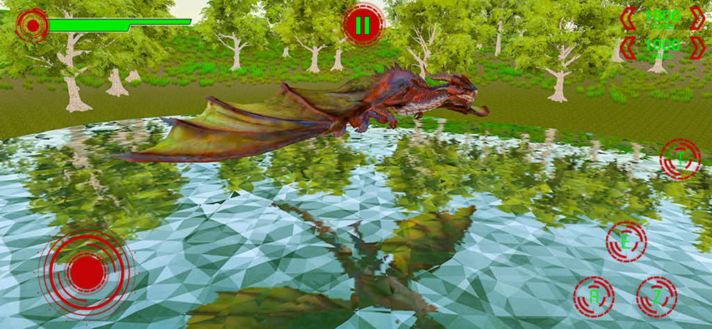 Avalon Story of Flying Dragon - A red dragon flying above water near a forest in the Avalon game