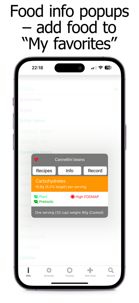 Carb Counter and Tracker - Carb Counter app food information popup showing nutritional data for cannellini beans