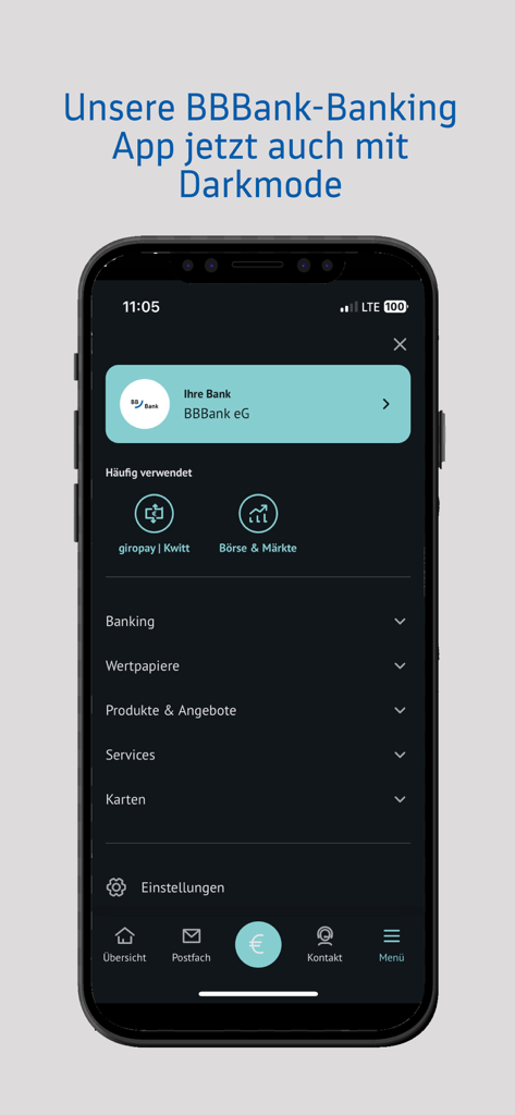 BBBank-Banking - BBBank banking app dashboard in dark mode showing financial service menus.