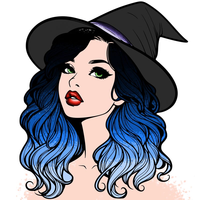 realistic witch girl with wavy hair and lips