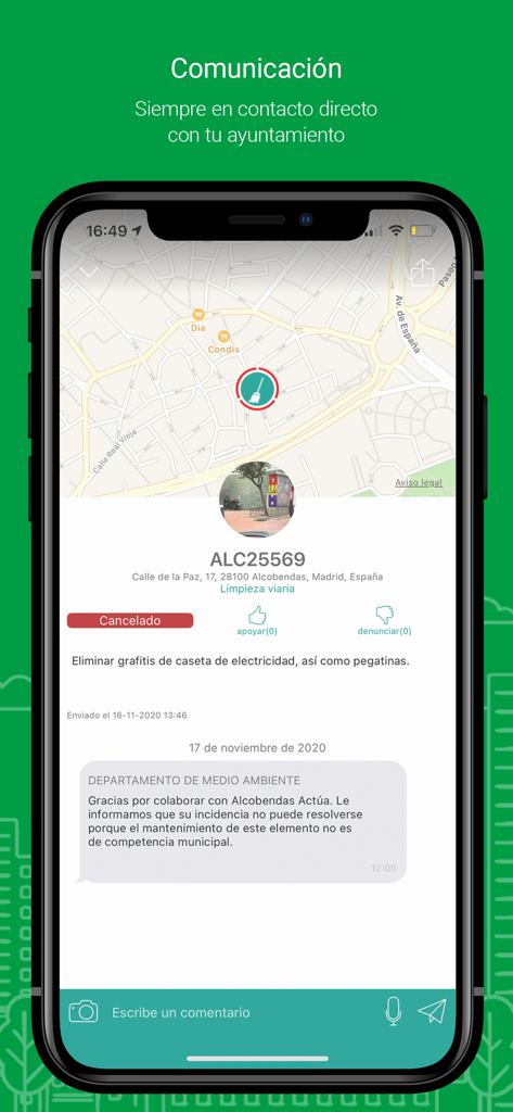 Captura de pantalla de la app de Alcobendas mostrando un reporte de incidencia de retirada de grafitis con mapa de ubicación y respuesta del departamento municipal
