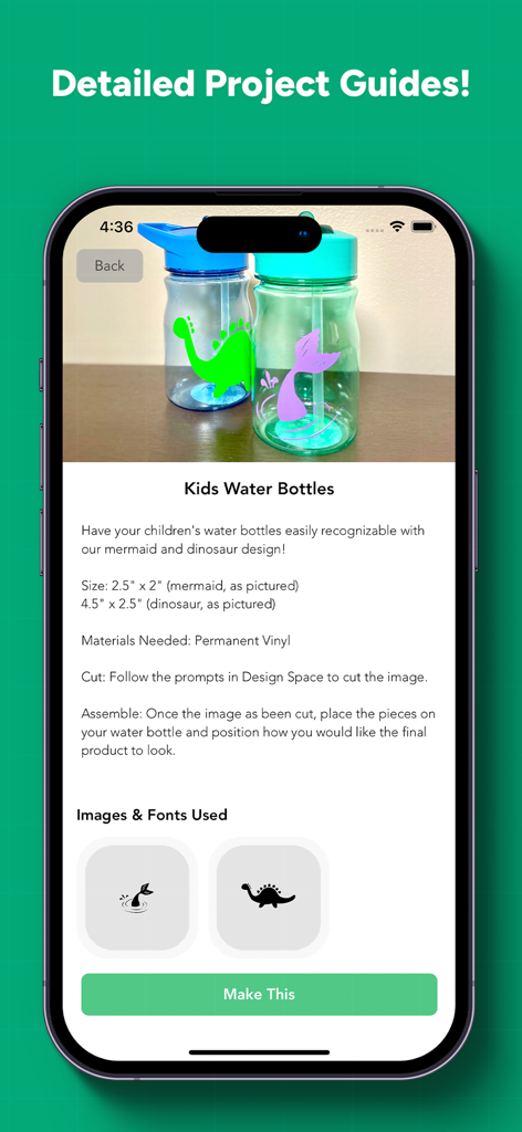 Schermata dell'app mobile che mostra una guida dettagliata al progetto per bottiglie d'acqua in vinile fai-da-te con design di sirene e dinosauri.