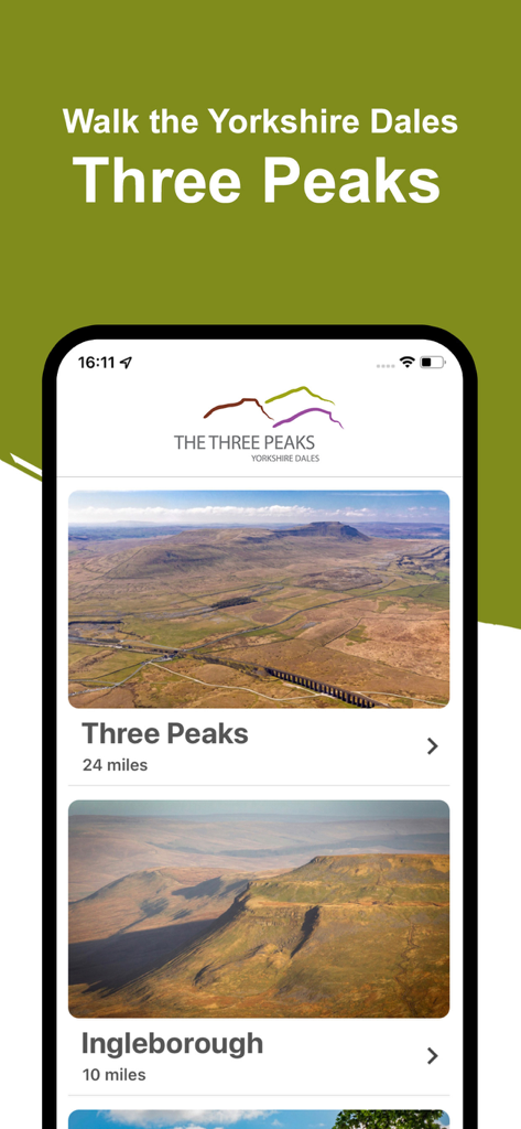 Yorkshire Three Peaks - Yorkshire Three Peaks mobile app home screen showing hiking route options for the Three Peaks and Ingleborough with distance information.