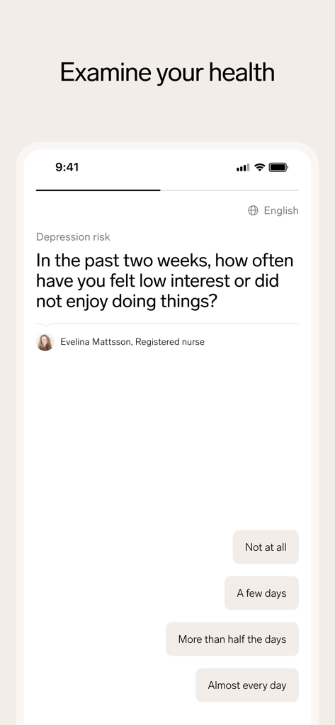 OneLab - Interfaz de la aplicación OneLab que muestra una encuesta de salud mental para evaluar el riesgo de depresión