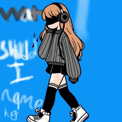 girl with leg warmers and long sweater and sneakers listening to music