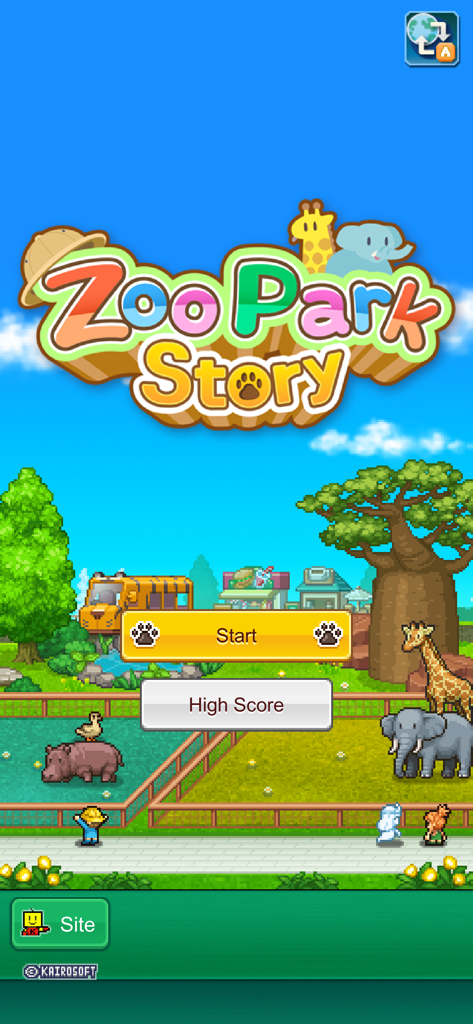 カラフルなドット絵の動物と公園管理メニューをフィーチャーした「Zoo Park Story」のタイトル画面